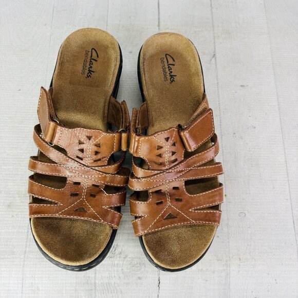 Clarks Bendables Womens 65661 Brown Tan Leather Slide Open Toe Shoes Size 9 XW - Picture 8 of 16